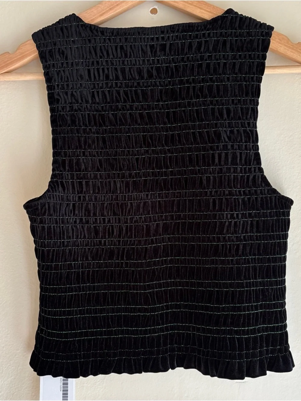 Ganni Black Smocked Cropped Tank Top with Green Stitching - Picture 4 of 8